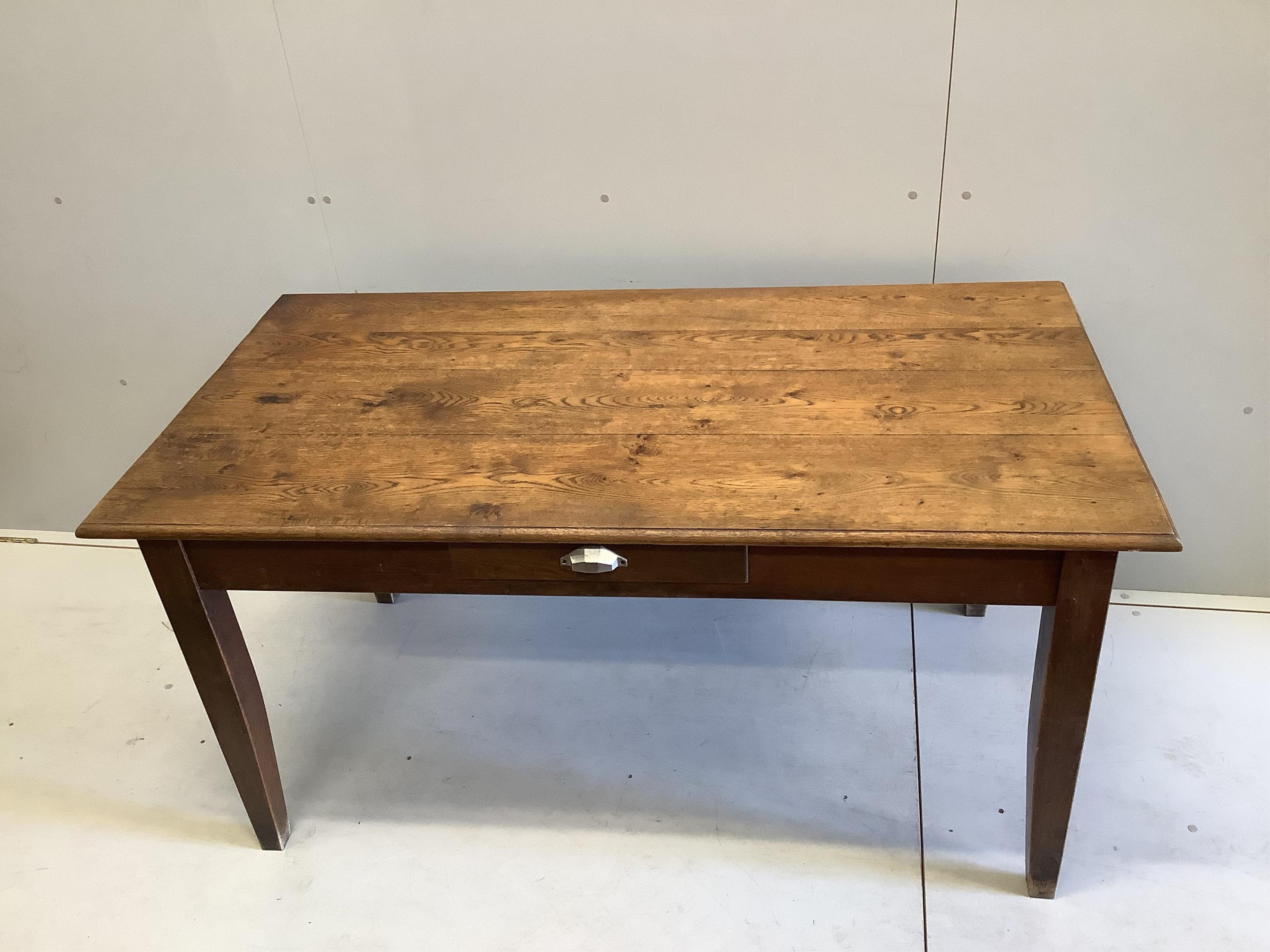 A French rectangular oak kitchen table with a single drawer, width 150cm, depth 78cm, height 75cm. Condition - fair